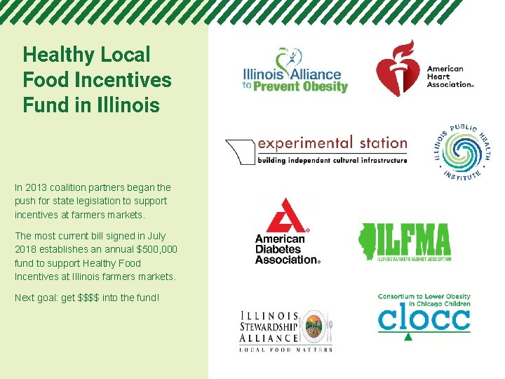 Healthy Local Food Incentives Fund in Illinois In 2013 coalition partners began the push