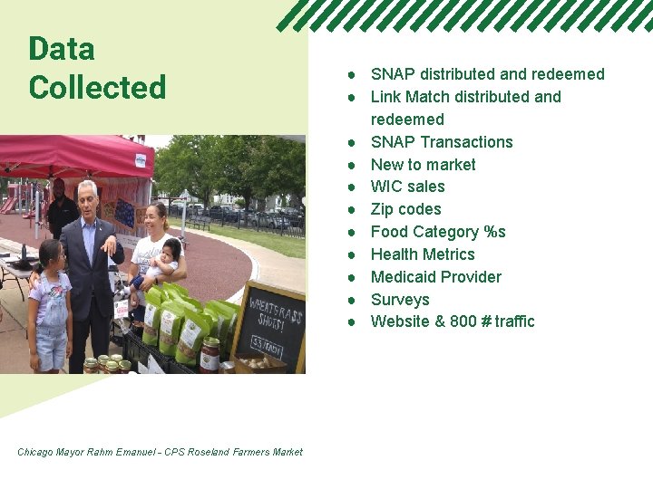 Data Collected Chicago Mayor Rahm Emanuel - CPS Roseland Farmers Market ● SNAP distributed