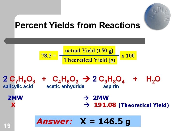 Percent Yields from Reactions 78. 5 = actual Yield (150 g) Theoretical Yield (g)