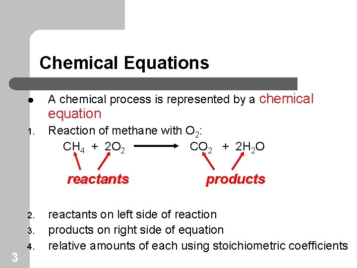 Chemical Equations l A chemical process is represented by a chemical equation 1. Reaction