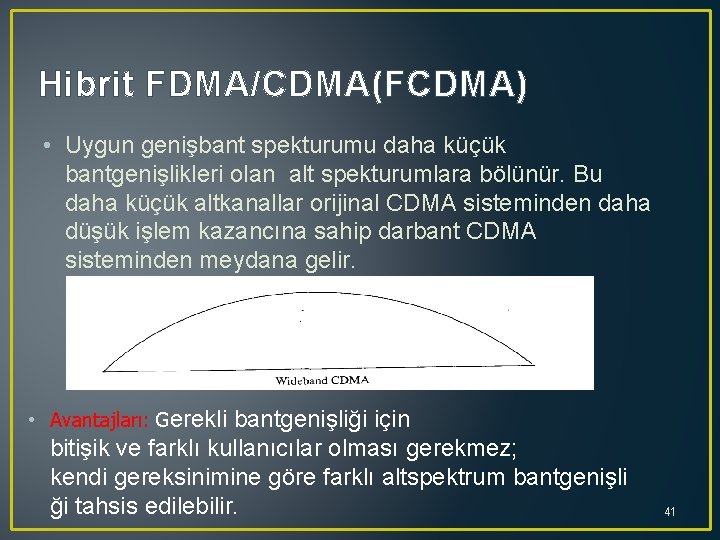 Hibrit FDMA/CDMA(FCDMA) • Uygun genişbant spekturumu daha küçük bantgenişlikleri olan alt spekturumlara bölünür. Bu