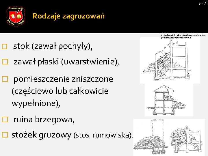 str. 7 Rodzaje zagruzowań Z. Bednarek, A. Marciniak Działania ratownicze podczas katastrof budowlanych �