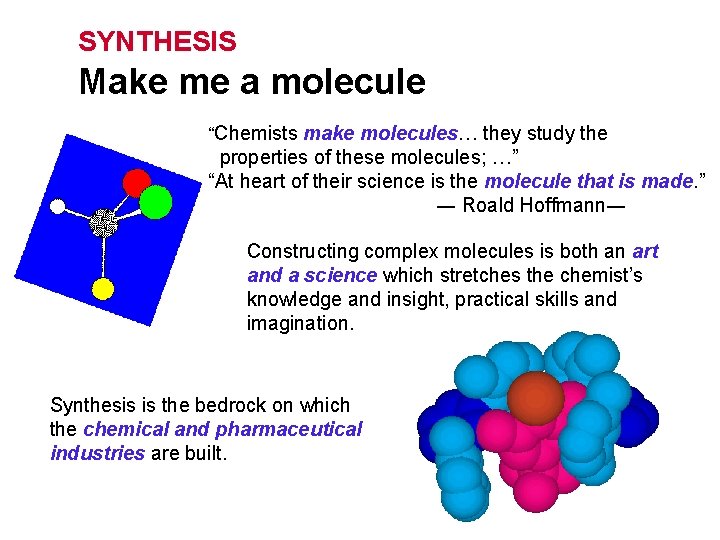 SYNTHESIS Make me a molecule “Chemists make molecules… they study the properties of these