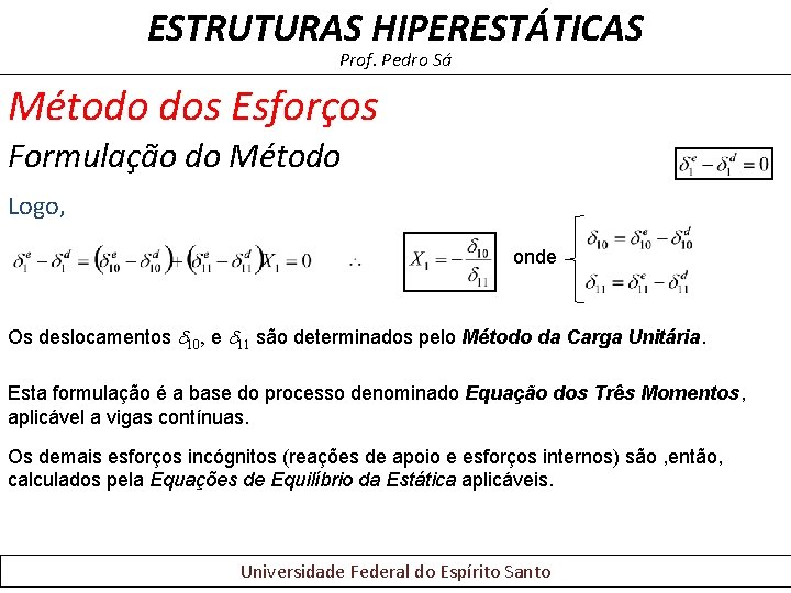 ESTRUTURAS HIPERESTÁTICAS Prof. Pedro Sá Método dos Esforços Formulação do Método Logo, onde Os