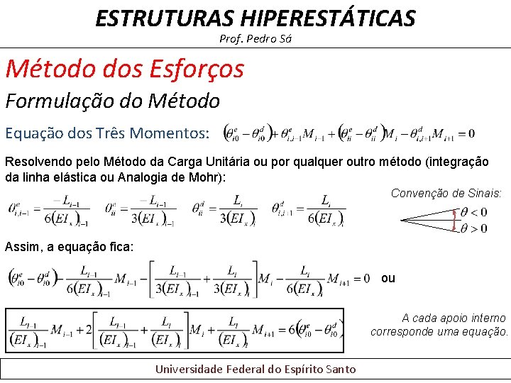 ESTRUTURAS HIPERESTÁTICAS Prof. Pedro Sá Método dos Esforços Formulação do Método Equação dos Três