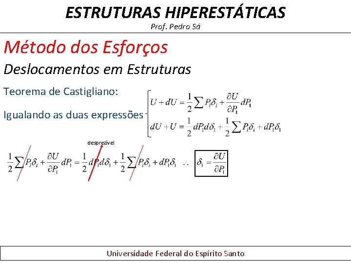 ESTRUTURAS HIPERESTÁTICAS Prof. Pedro Sá Método dos Esforços Deslocamentos em Estruturas Teorema de Castigliano: