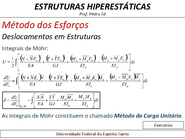 ESTRUTURAS HIPERESTÁTICAS Prof. Pedro Sá Método dos Esforços Deslocamentos em Estruturas Integrais de Mohr: