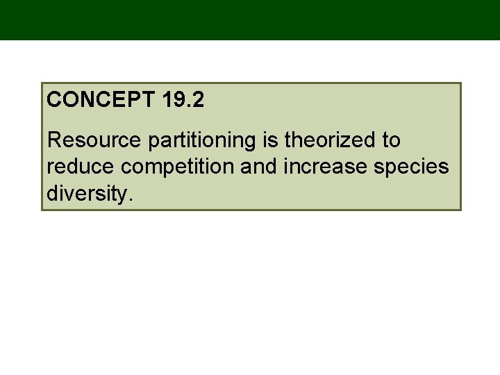 CONCEPT 19. 2 Resource partitioning is theorized to reduce competition and increase species diversity.