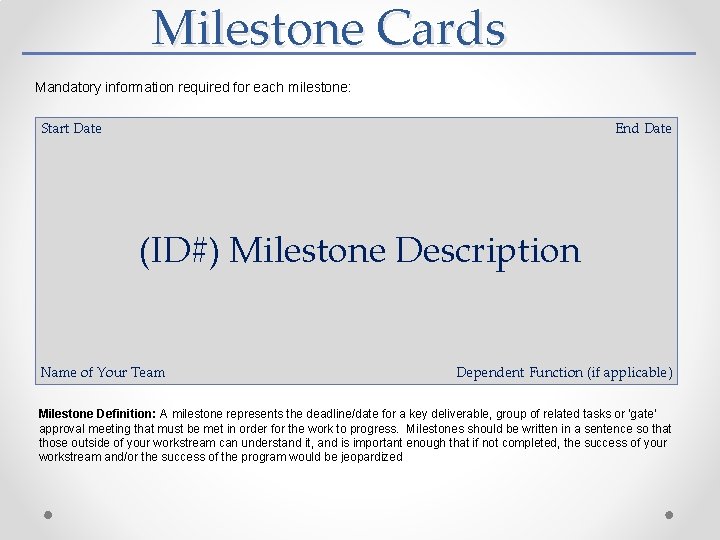 Milestone Cards Mandatory information required for each milestone: Start Date End Date (ID#) Milestone