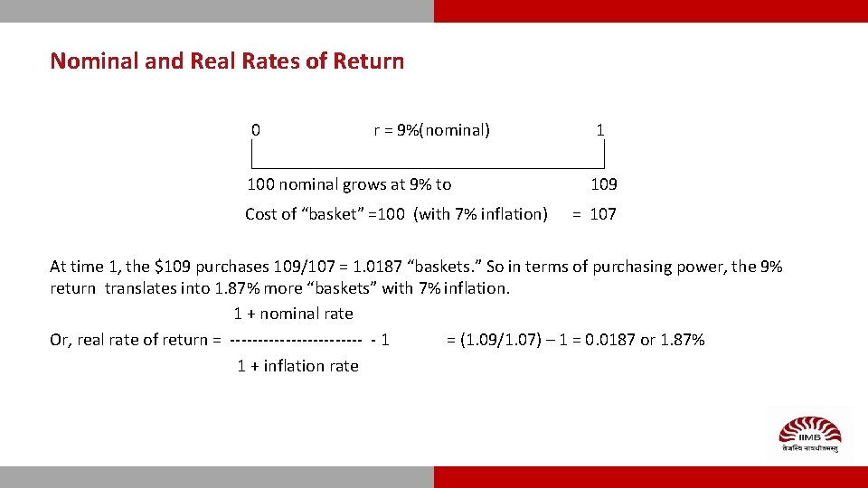 Nominal and Real Rates of Return 0 r = 9%(nominal) 1 100 nominal grows