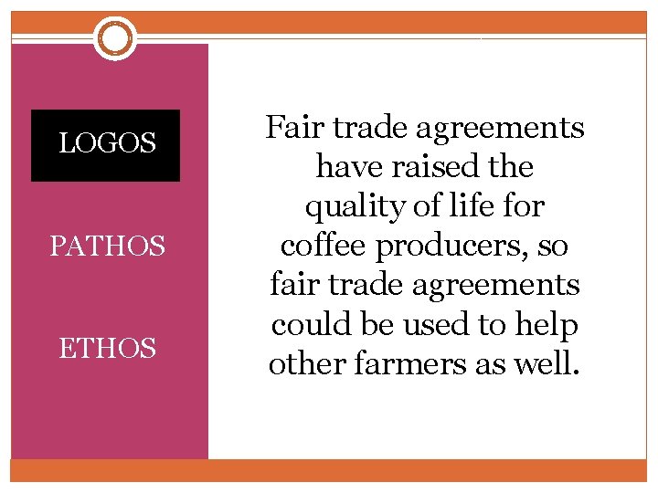 LOGOS PATHOS ETHOS Fair trade agreements have raised the quality of life for coffee