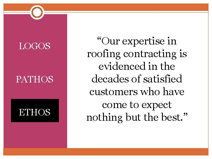 LOGOS PATHOS ETHOS “Our expertise in roofing contracting is evidenced in the decades of