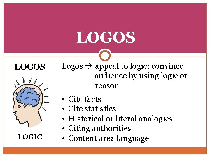 LOGOS LOGIC Logos appeal to logic; convince audience by using logic or reason •