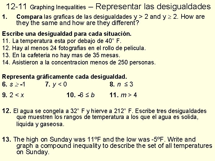 12 -11 Graphing Inequalities – Representar las desigualdades 1. Compara las graficas de las