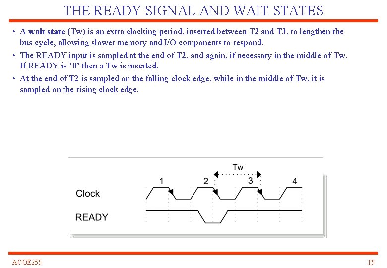 THE READY SIGNAL AND WAIT STATES • A wait state (Tw) is an extra