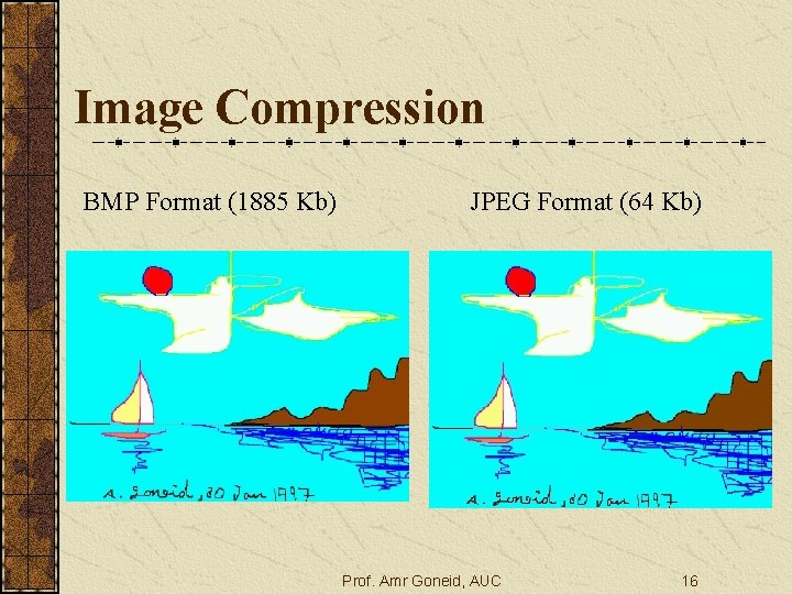 Image Compression BMP Format (1885 Kb) JPEG Format (64 Kb) Prof. Amr Goneid, AUC