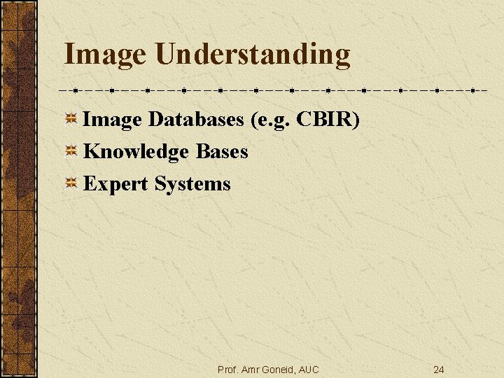 Image Understanding Image Databases (e. g. CBIR) Knowledge Bases Expert Systems Prof. Amr Goneid,