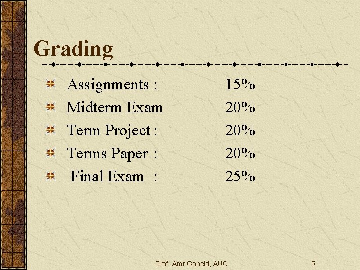 Grading Assignments : Midterm Exam Term Project : Terms Paper : Final Exam :