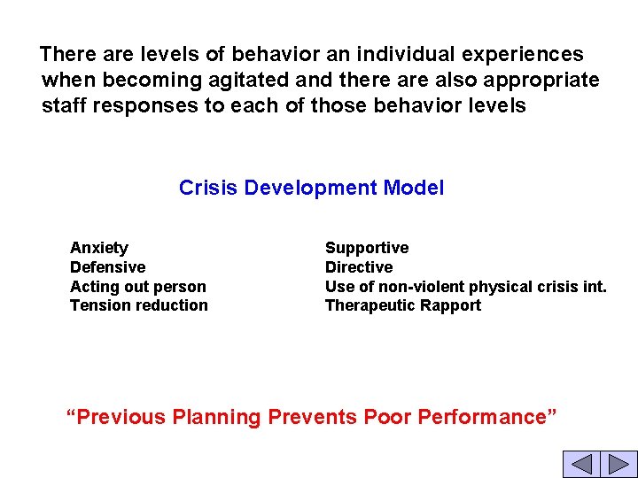 There are levels of behavior an individual experiences when becoming agitated and there also