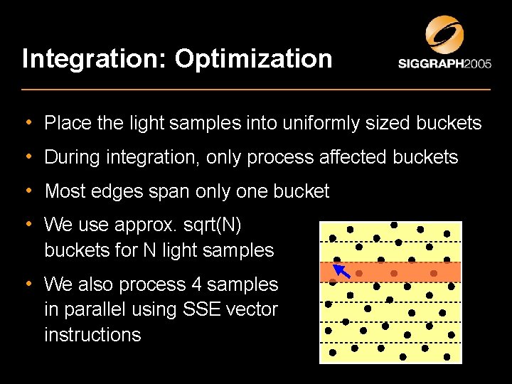 Integration: Optimization • Place the light samples into uniformly sized buckets • During integration, Integration: Optimization • Place the light samples into uniformly sized buckets • During integration,