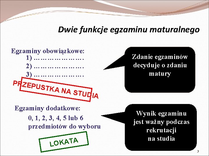 Dwie funkcje egzaminu maturalnego Egzaminy obowiązkowe: 1) …………………. 2) …………………. 3) …………………. PRZEP USTKA