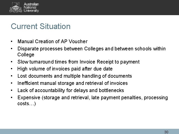 Current Situation • Manual Creation of AP Voucher • Disparate processes between Colleges and