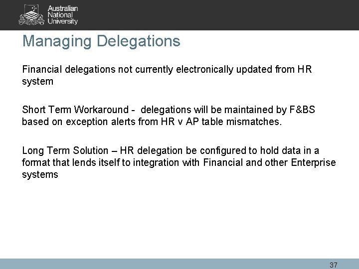 Managing Delegations Financial delegations not currently electronically updated from HR system Short Term Workaround