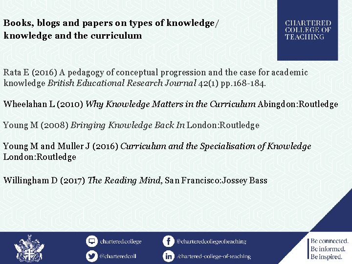 Books, blogs and papers on types of knowledge/ knowledge and the curriculum Rata E