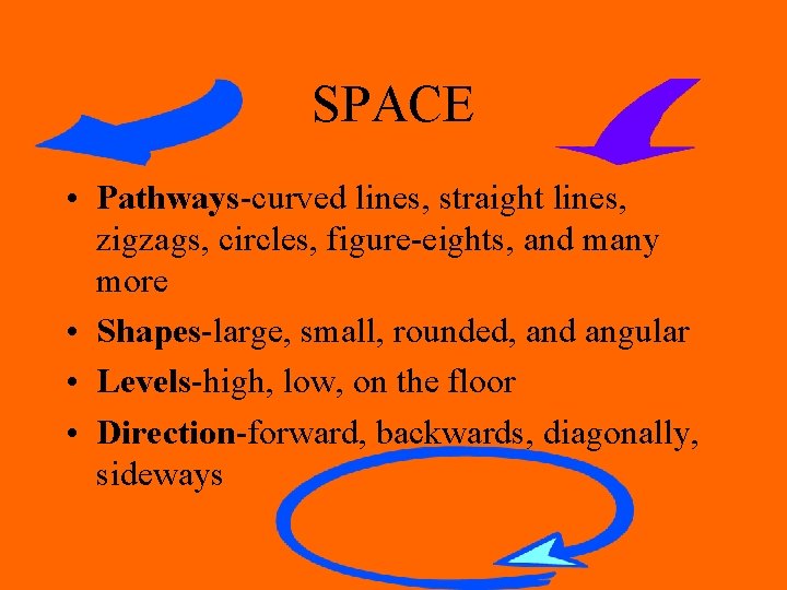 SPACE • Pathways-curved lines, straight lines, zigzags, circles, figure-eights, and many more • Shapes-large,