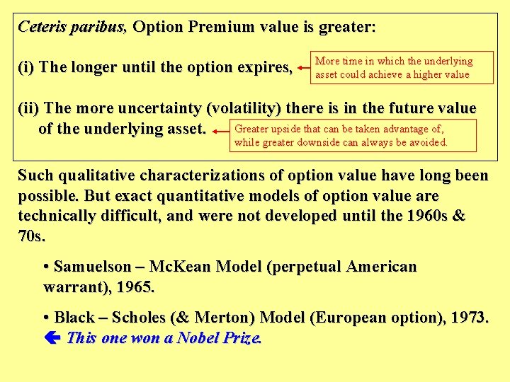 Ceteris paribus, Option Premium value is greater: (i) The longer until the option expires,