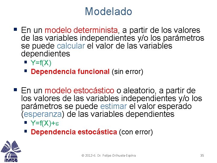 Modelado § En un modelo determinista, a partir de los valores de las variables