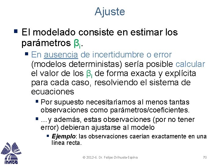 Ajuste § El modelado consiste en estimar los parámetros βi. § En ausencia de