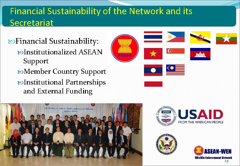 Financial Sustainability of the Network and its Secretariat Financial Sustainability: Institutionalized ASEAN Support Member