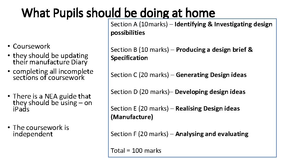 What Pupils should be doing at home Section A (10 marks) – Identifying &