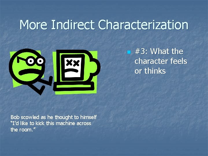 More Indirect Characterization n Bob scowled as he thought to himself “I’d like to More Indirect Characterization n Bob scowled as he thought to himself “I’d like to