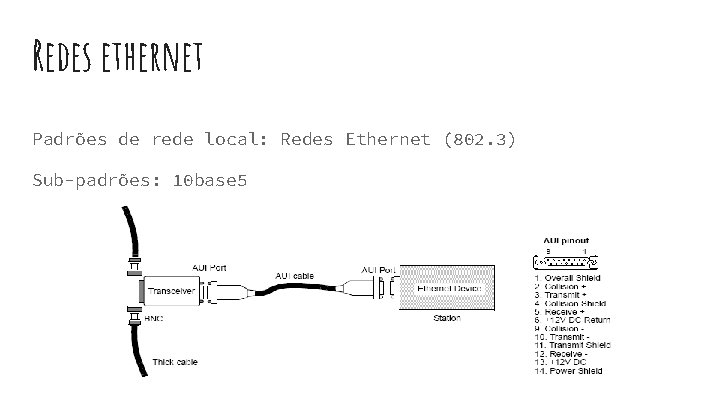 Redes ethernet Padrões de rede local: Redes Ethernet (802. 3) Sub-padrões: 10 base 5 Redes ethernet Padrões de rede local: Redes Ethernet (802. 3) Sub-padrões: 10 base 5