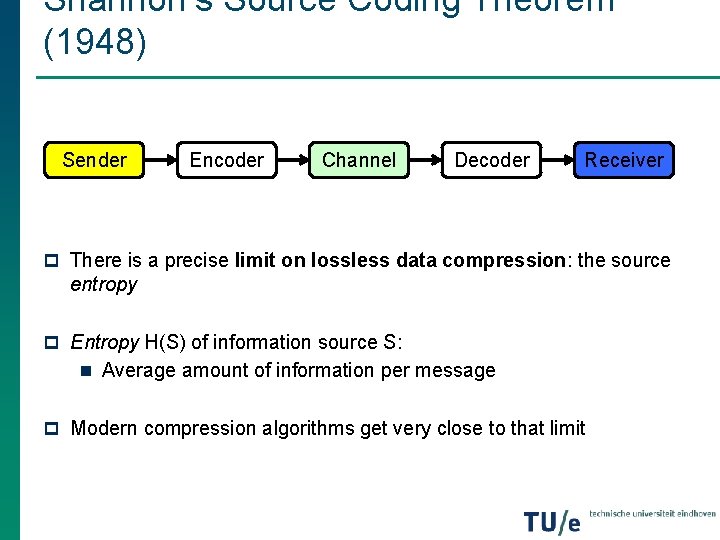 Shannon’s Source Coding Theorem (1948) Sender Encoder Channel Decoder Receiver p There is a Shannon’s Source Coding Theorem (1948) Sender Encoder Channel Decoder Receiver p There is a