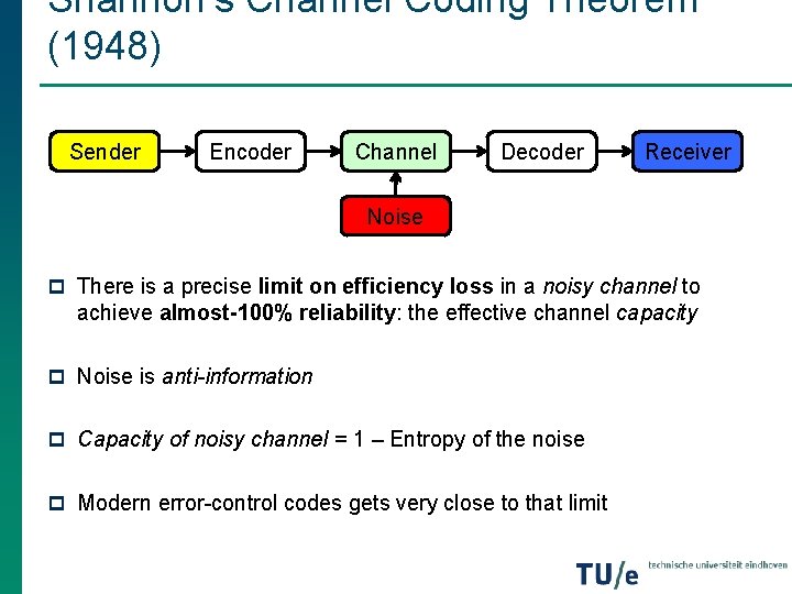 Shannon’s Channel Coding Theorem (1948) Sender Encoder Channel Decoder Receiver Noise p There is Shannon’s Channel Coding Theorem (1948) Sender Encoder Channel Decoder Receiver Noise p There is