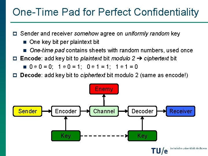 One-Time Pad for Perfect Confidentiality p Sender and receiver somehow agree on uniformly random One-Time Pad for Perfect Confidentiality p Sender and receiver somehow agree on uniformly random