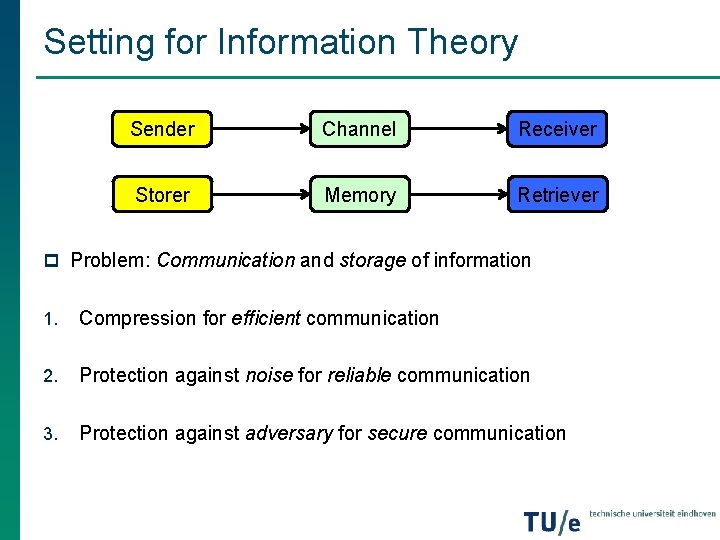 Setting for Information Theory Sender Channel Receiver Storer Memory Retriever p Problem: Communication and Setting for Information Theory Sender Channel Receiver Storer Memory Retriever p Problem: Communication and