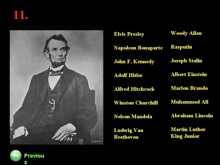 11. Previou s Elvis Presley Woody Allen Napoleon Bonaparte Rasputin John F. Kennedy Joseph