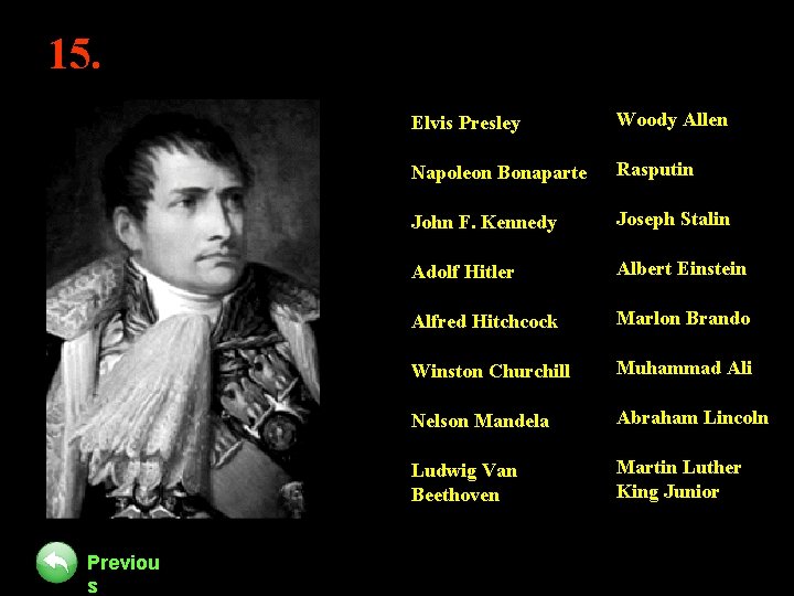 15. Previou s Elvis Presley Woody Allen Napoleon Bonaparte Rasputin John F. Kennedy Joseph