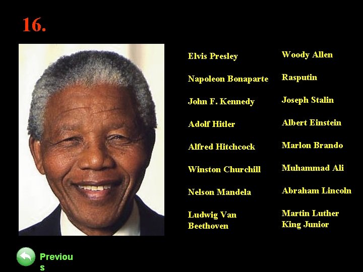 16. Previou s Elvis Presley Woody Allen Napoleon Bonaparte Rasputin John F. Kennedy Joseph