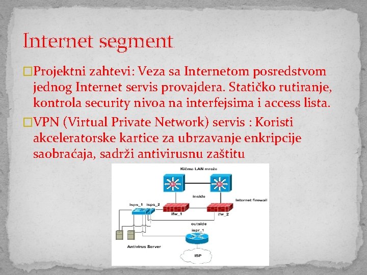 Internet segment �Projektni zahtevi: Veza sa Internetom posredstvom jednog Internet servis provajdera. Statičko rutiranje,