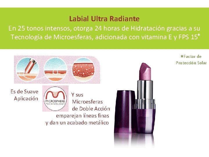Labial Ultra Radiante En 25 tonos intensos, otorga 24 horas de Hidratación gracias a