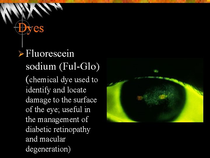 Dyes Ø Fluorescein sodium (Ful-Glo) (chemical dye used to identify and locate damage to
