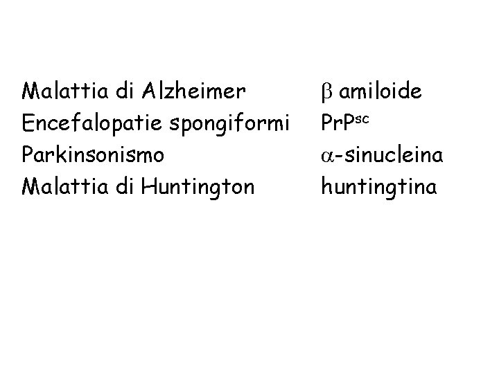 Malattia di Alzheimer Encefalopatie spongiformi Parkinsonismo Malattia di Huntington b amiloide Pr. Psc a-sinucleina
