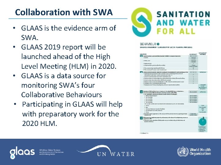 Collaboration with SWA • GLAAS is the evidence arm of SWA. • GLAAS 2019 Collaboration with SWA • GLAAS is the evidence arm of SWA. • GLAAS 2019