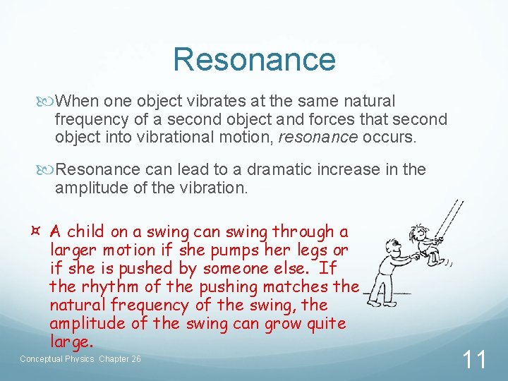 Resonance When one object vibrates at the same natural frequency of a second object