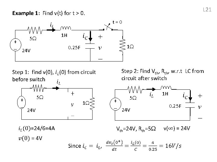 L 21 Example 1: Find v(t) for t > 0. t = 0 1